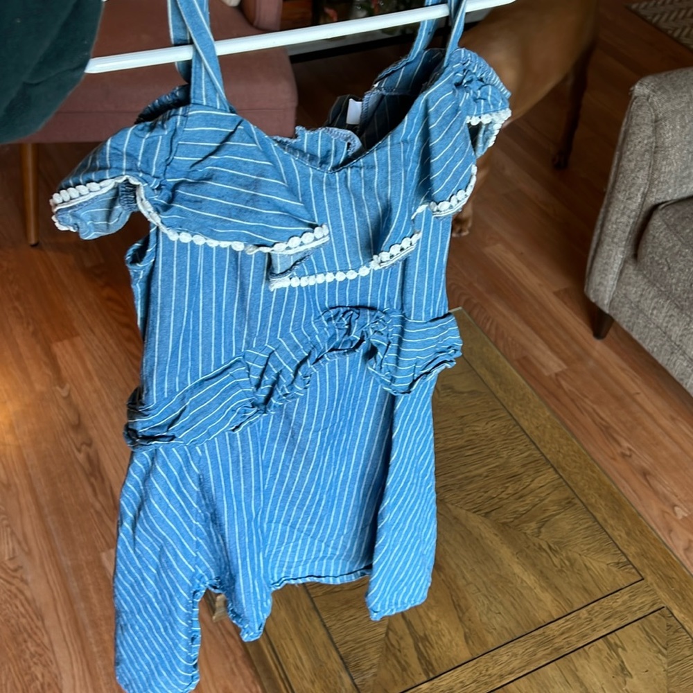 Girls blue and white striped dress with off the shoulder